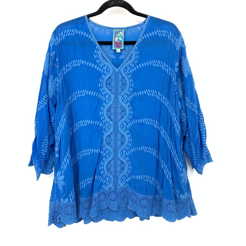 Johnny Was Womens L Blue Tonal Embroidered Tunic Blouse Eyelet Scallop Boho Top